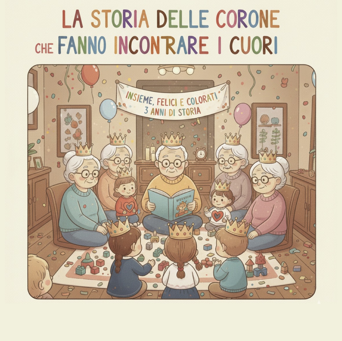 Illustrazione: bambini e anziani insieme con le corone